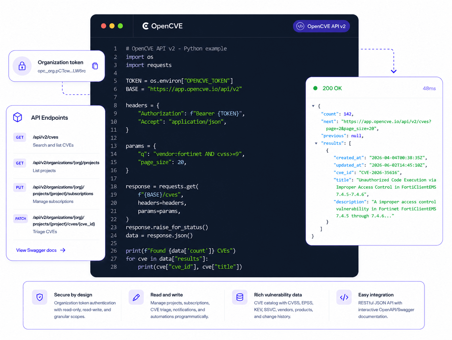 OpenCVE Developer API with Python example, endpoints, and JSON response