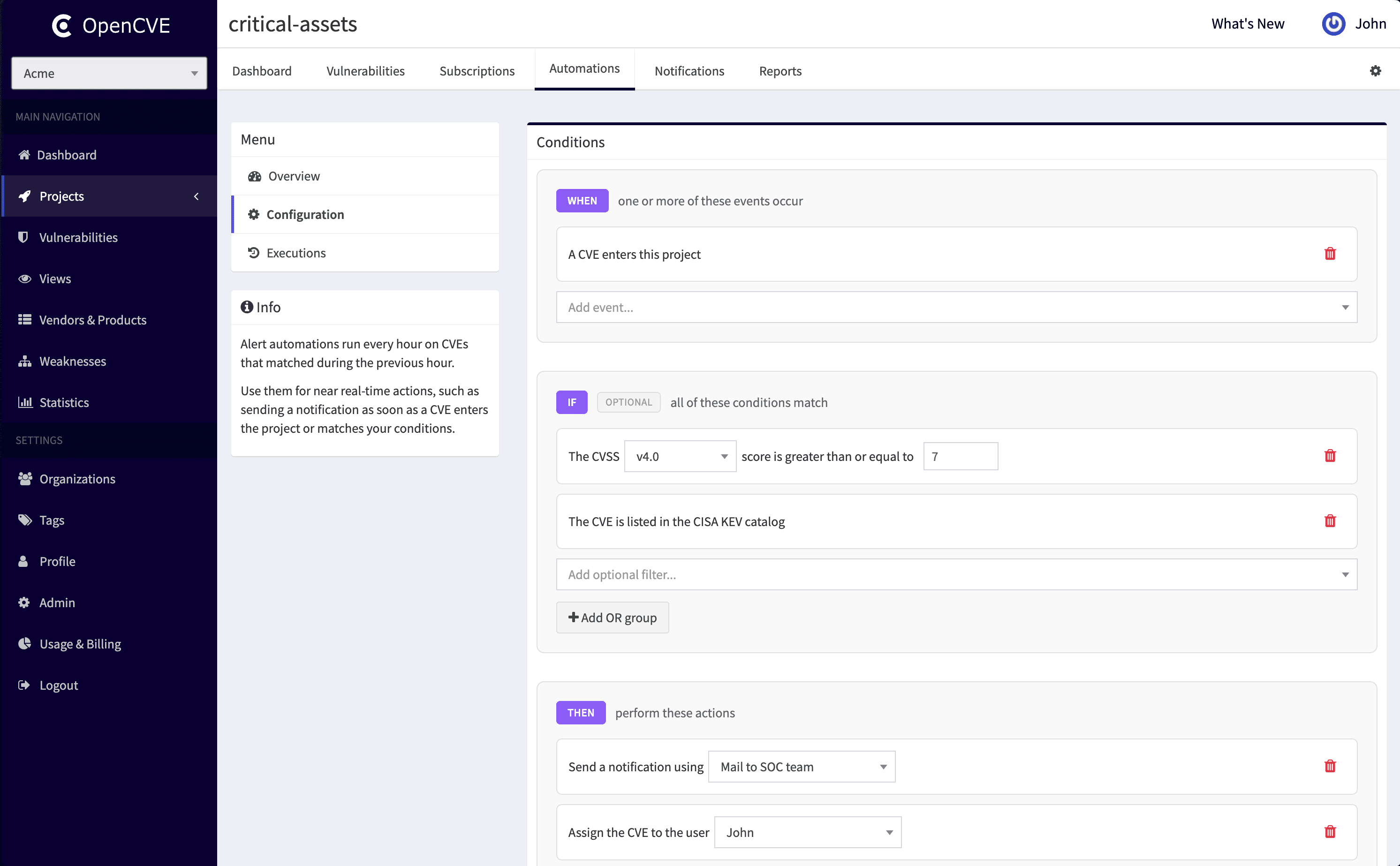 OpenCVE automation rule builder with conditions and actions