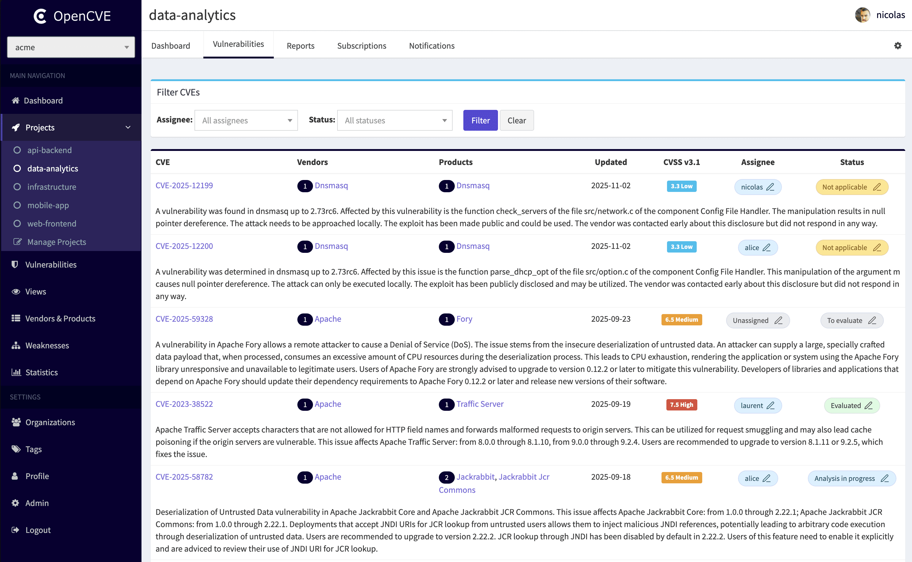 OpenCVE Dashboard Interface