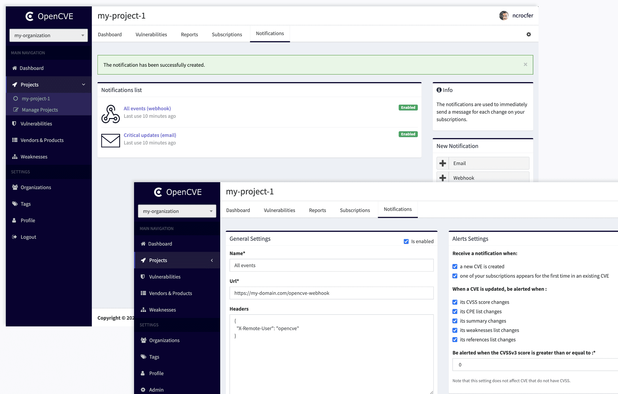 OpenCVE Notification Settings