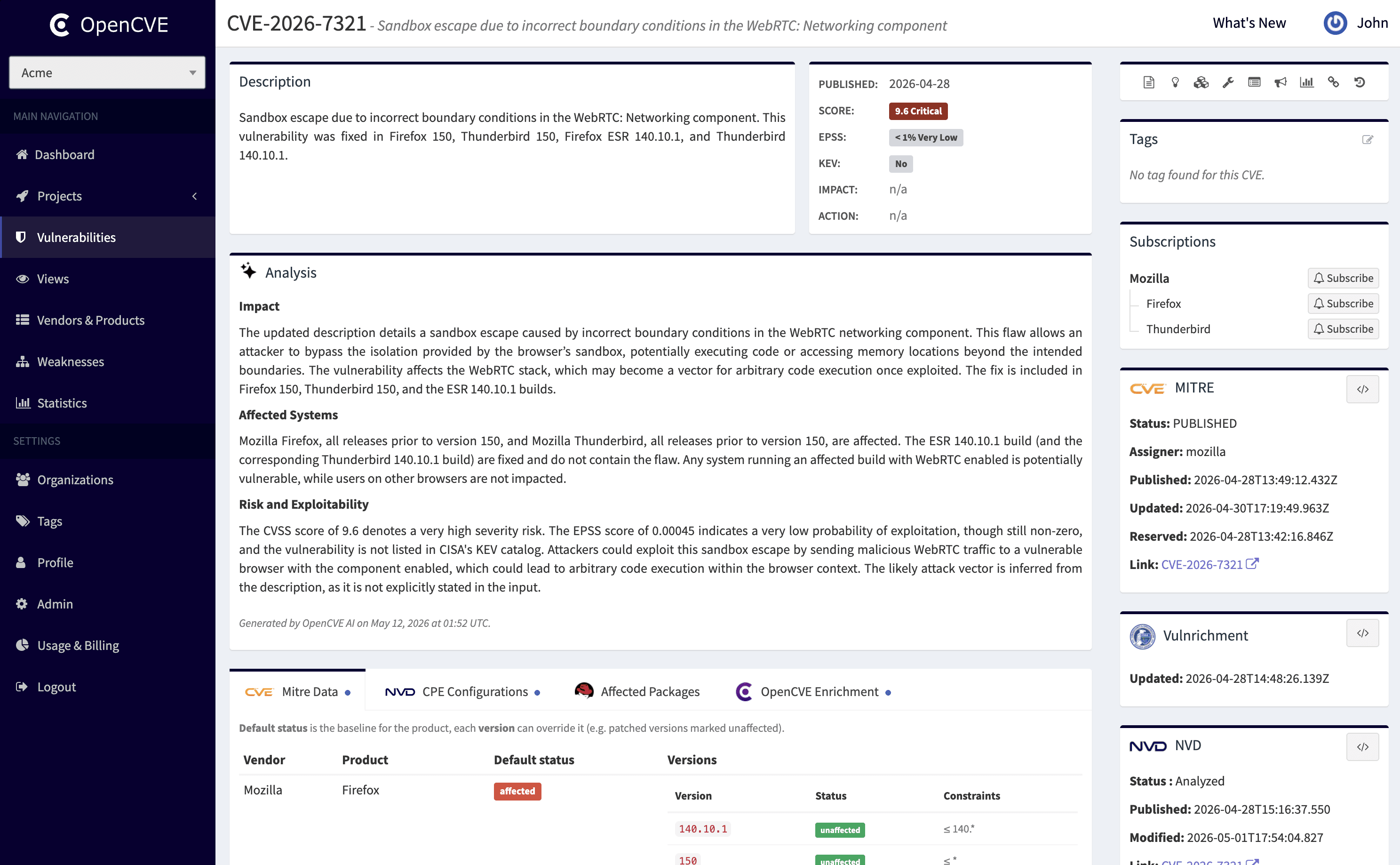CVE analysis view after AI enrichment